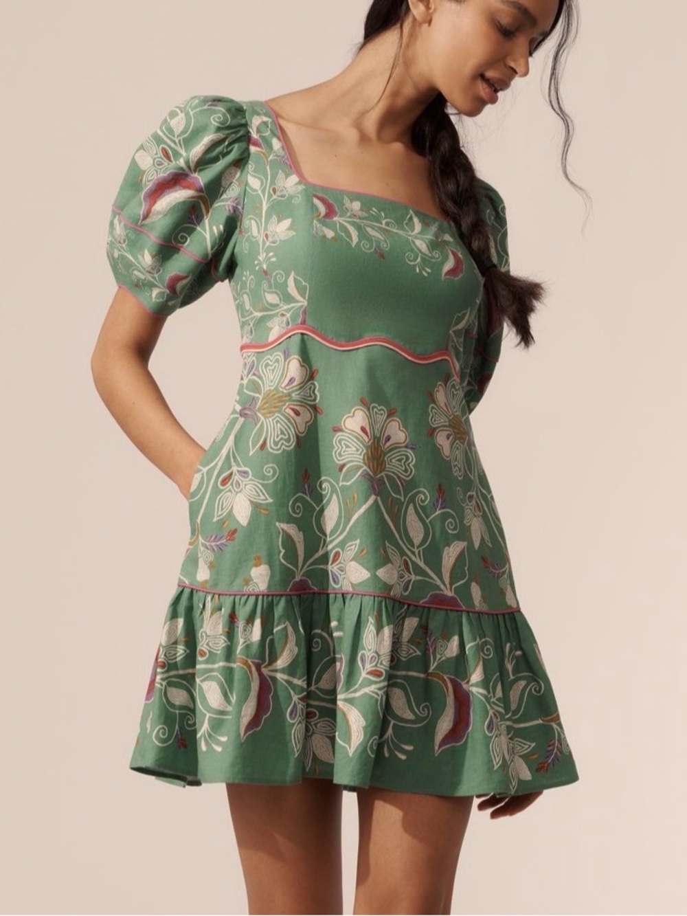 Farm Rio x Anthropologie Green Floral Puff-Sleeve Square Neck Dress (Small)